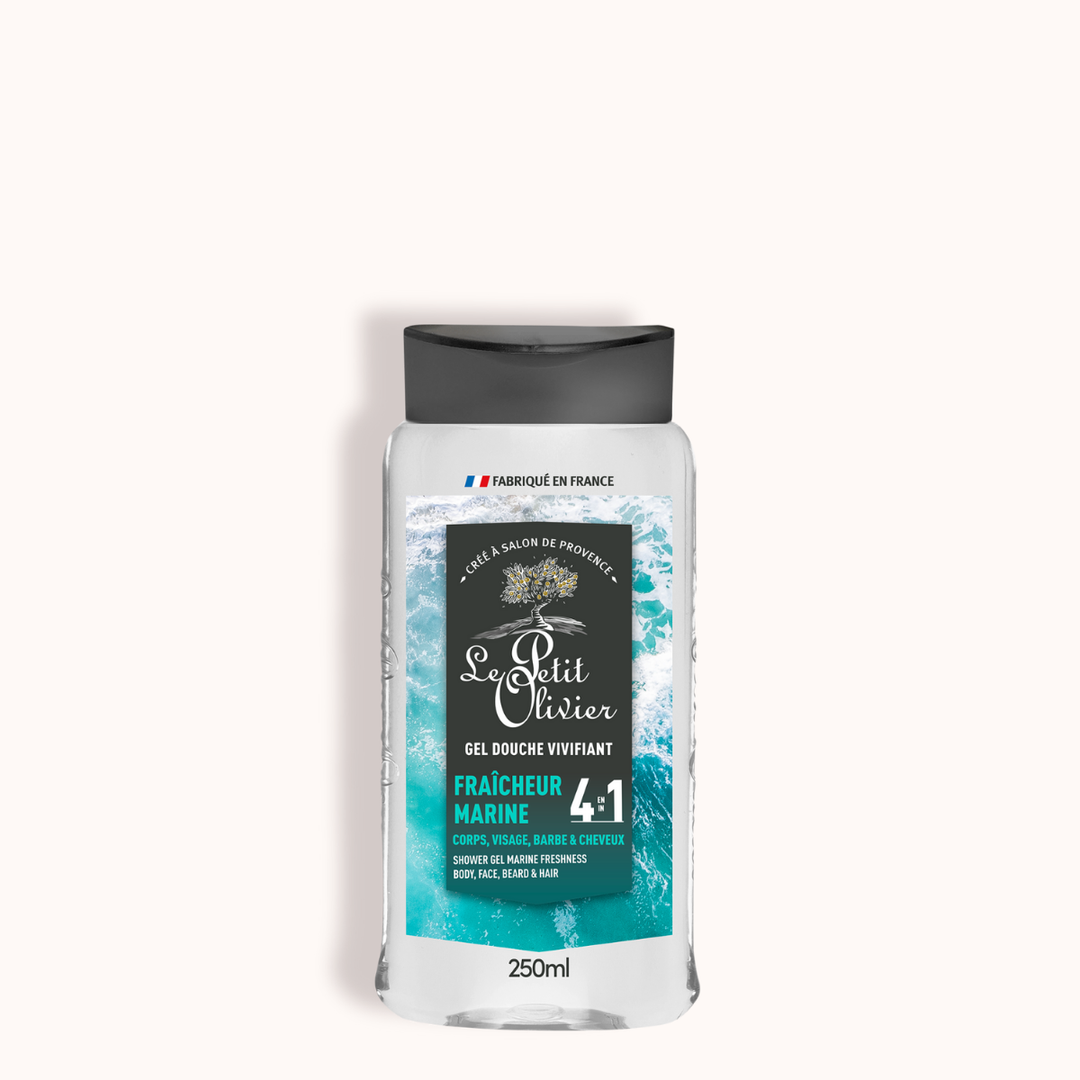 Un gel douche pour homme « Le Petit Olivier » Vivifiant - Fraîcheur Marine, format 250 ml, avec bouchon noir, fabriqué en France. Un produit 4-en-1 idéal pour le corps, le visage, les cheveux et le rasage.