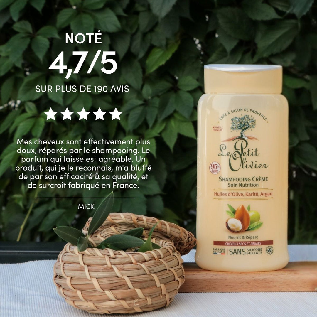 Une bouteille de « Le Petit Olivier – Shampoing Cheveux Secs et Abîmés » est posée sur une table ornée de feuilles vertes, à côté d’un panier d’olives. Un texte superposé met en avant sa formule aux « huiles précieuses », sa note de 4,7/5, les avis des utilisateurs et ses bienfaits pour les cheveux secs.