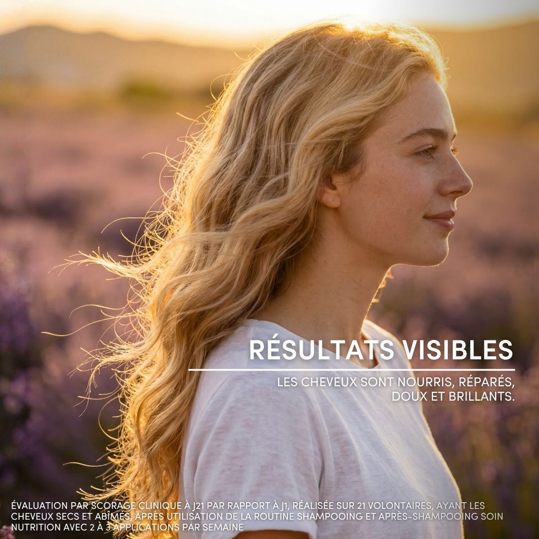 Une jeune femme aux longs cheveux blonds ondulés se tient debout dans un champ de lavande au coucher du soleil. Le texte en français met en avant des cheveux nourris, réparés, doux et brillants après l'utilisation du « Shampoing Cheveux Secs et Abîmés » de Le Petit Olivier.