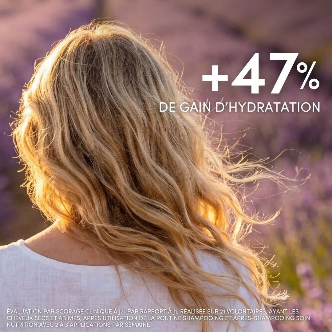 Une femme aux longs cheveux blonds ondulés se tient debout dans un champ de lavande, de dos. Texte : +47 % d’hydratation avec le shampooing pour cheveux secs et abîmés Le Petit Olivier. Référence à une étude clinique au bas de l’image.