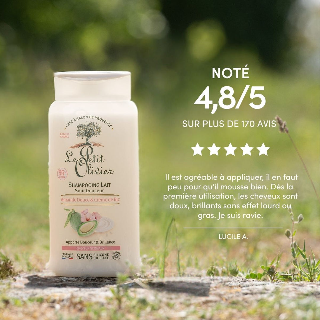 A bottle of Shampoing Cheveux Normaux stands on grass with a blurred natural background. Text shows a 4.8/5 rating from 170+ reviews and includes a glowing French testimonial.