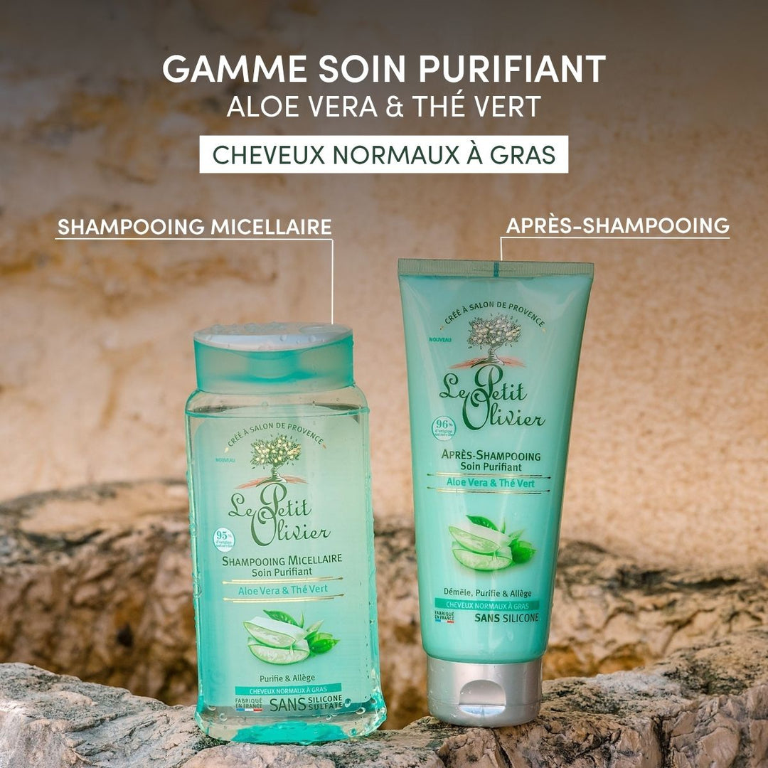 L'après-shampoing « Le Petit Olivier » pour cheveux gras et le shampoing à l'aloe vera et au thé vert sont posés sur une surface en pierre. Le texte ci-dessus met en avant la gamme purifiante conçue pour les cheveux normaux à gras.