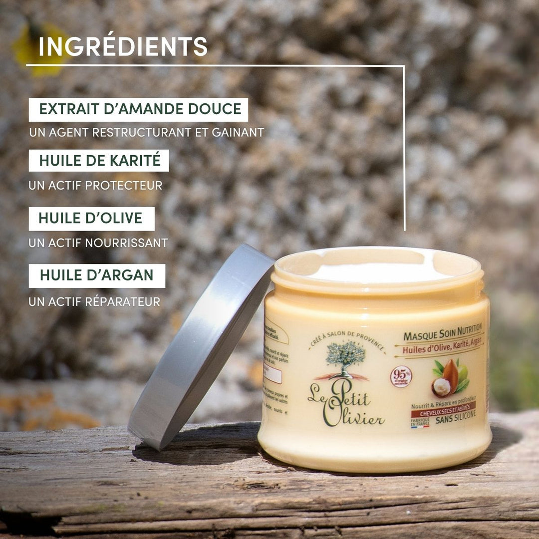 Un pot de « Le Petit Olivier Masque Cheveux Secs et Abîmés », dont le couvercle est retiré, est posé à l'extérieur sur une pierre. Le texte met en avant les ingrédients naturels destinés aux cheveux secs : extrait d'amande douce, beurre de karité, huile d'olive, huile d'argan et une formule sans silicone.