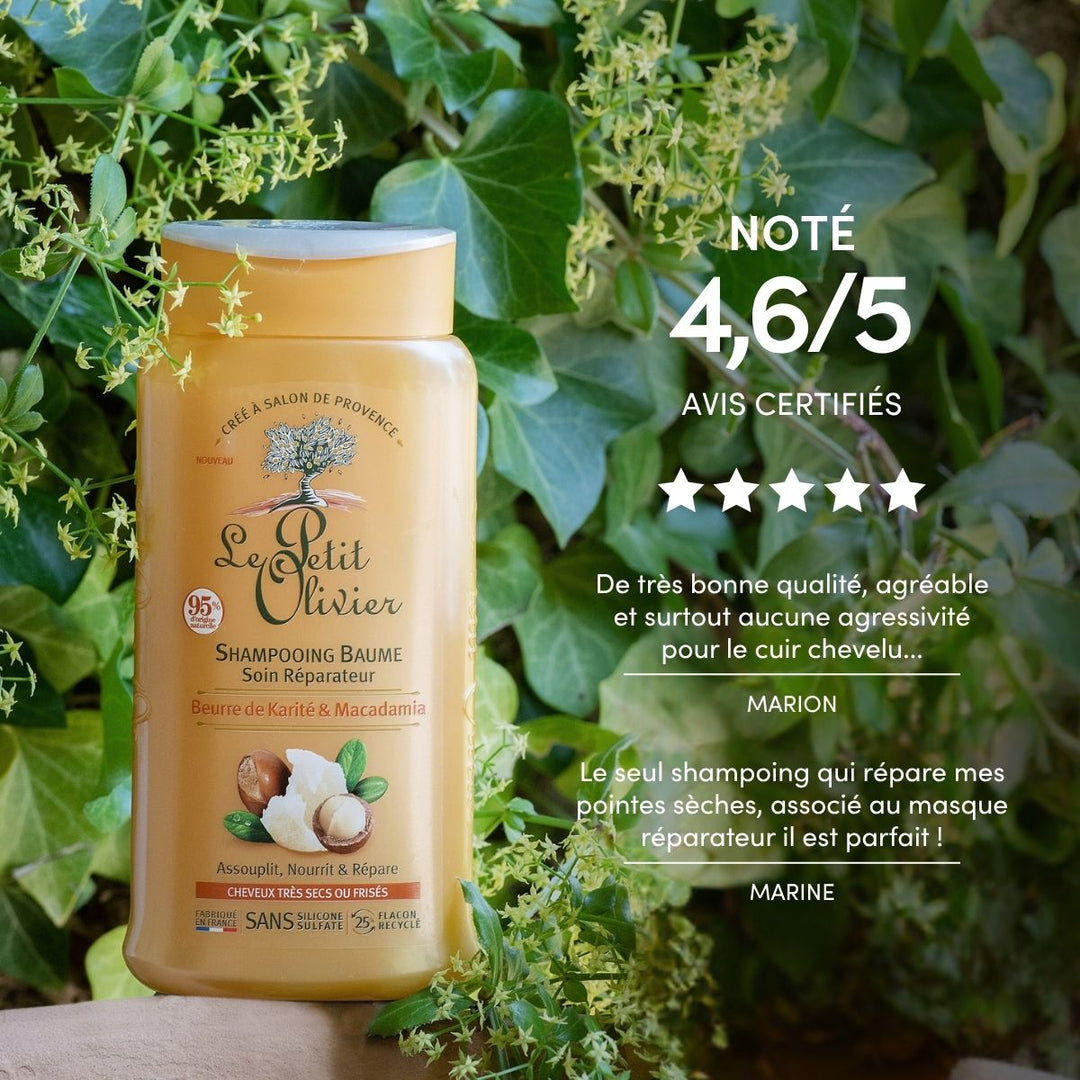 Un flacon de « Le Petit Olivier – Shampooing pour cheveux très secs ou frisés » est posé au milieu de feuilles vertes et de petites fleurs, tandis que les notes attribuées par les clients et les avis positifs s'affichent à droite.