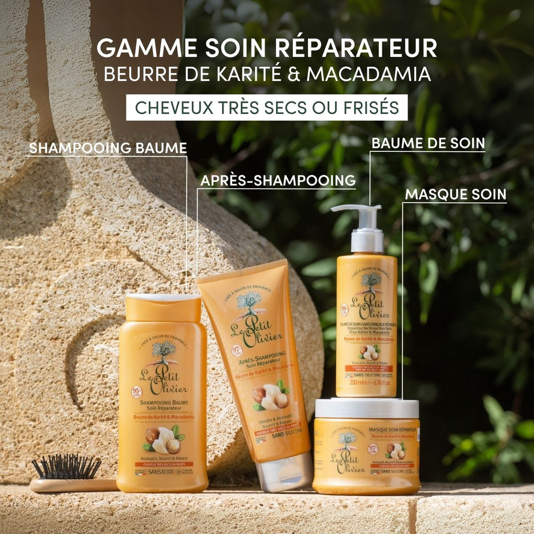 Quatre produits de soin capillaire « Le Petit Olivier », tous sans silicone, sont présentés à l'extérieur sur une surface en pierre agrémentée de verdure. Le texte met en avant l'« Après-Shampoing Cheveux Très Secs ou Frisés » à base de beurre de karité et de macadamia, à côté d'une brosse.