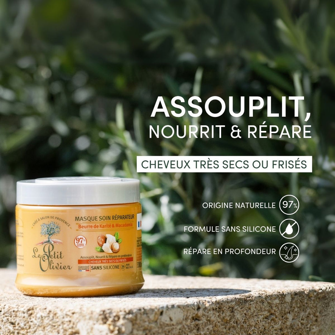 Le masque « Le Petit Olivier » pour cheveux très secs ou frisés est présenté en extérieur, posé sur une surface en pierre au milieu de la verdure, mettant ainsi en avant sa formule naturelle sans silicone et ses bienfaits nourrissants pour les cheveux très secs ou frisés.
