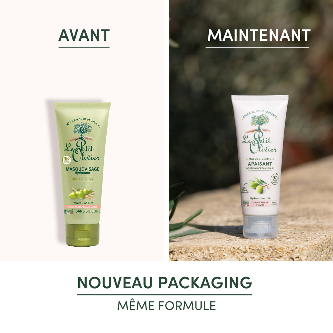 Image en deux parties : à gauche, un tube vert portant la mention « Le Petit Olivier Masque Visage Hydratant 24h » ; à droite, un tube blanc dont le conditionnement a été modernisé. La formule, enrichie en huile d'olive pour les peaux sèches, reste inchangée.