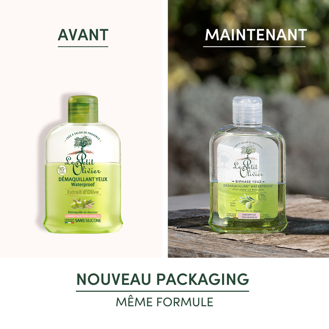 Comparaison côte à côte du « Le Petit Olivier Démaquillant Yeux Sensibles Waterproof » : l'ancien emballage (à gauche) est arrondi et doté d'un bouchon vert, tandis que le nouveau (à droite) est rectangulaire et muni d'un bouchon transparent. L'étiquette indique : « Nouveau packaging, même formule à l’huile d’olive. ».