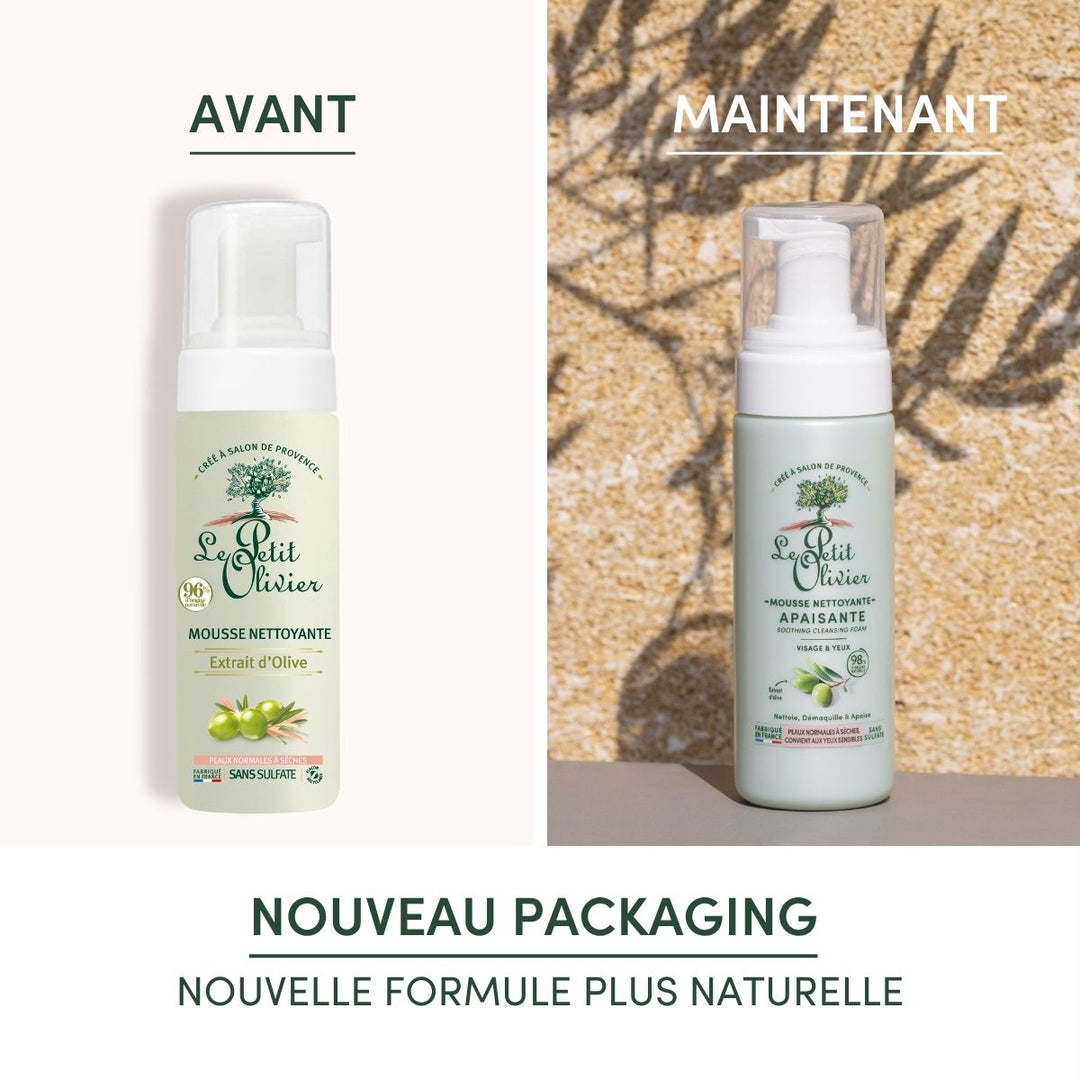 Side-by-side comparison of Mousse Nettoyante Visage Apaisante bottles: left is old packaging, right is new look with extrait d’olive for a more natural formula for peau sèche. Texts: AVANT and MAINTENANT.