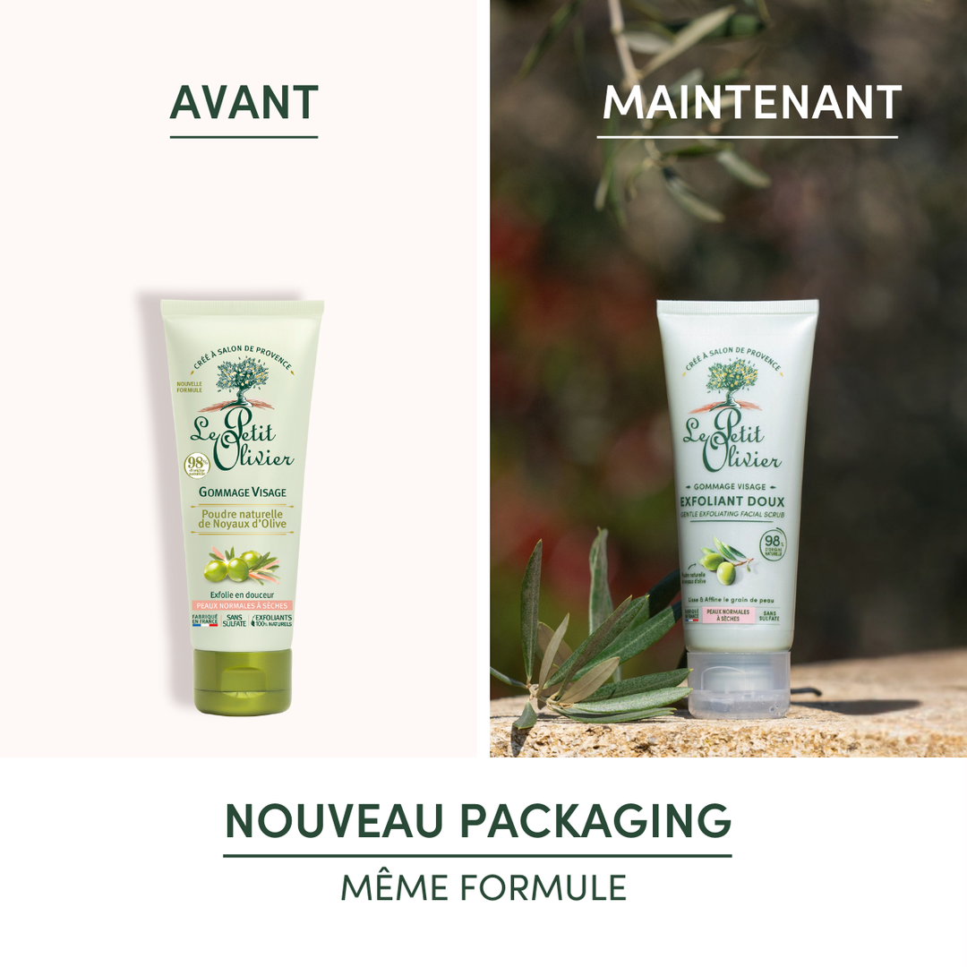 Image en deux parties : à gauche, le tube du « Le Petit Olivier Gommage Visage Exfoliant Doux » ; à droite, le nouvel emballage mettant en avant la « poudre de noyaux d’olive ». Texte en dessous : NOUVEL EMBALLAGE, MÊME FORMULE.