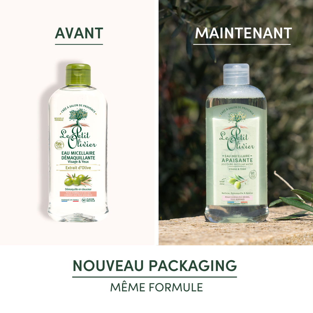 Image comparée de « Le Petit Olivier Eau Micellaire Démaquillante Visage & Yeux Sensibles » : à gauche, l’ancien emballage (AVANT) ; à droite, le nouveau design (MAINTENANT). Ci-dessous : NOUVEL EMBALLAGE, MÊME FORMULE à l’extrait d’olive pour la peau et les yeux sensibles.