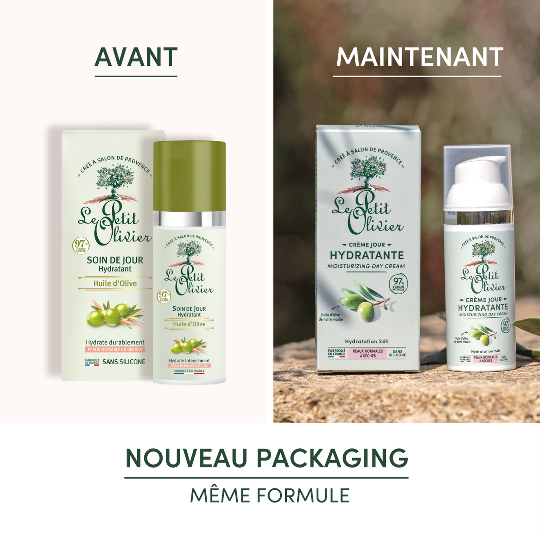 Comparaison côte à côte de l'ancien (AvANT) et du nouveau (MAINTENANT) emballage de la « Crème Hydratante Visage Peaux Normales à Sèches » de Le Petit Olivier, tous deux de couleur verte et blanche avec des motifs d'olives. Texte : « Nouveau packaging, même formule à l'huile d'olive. ».