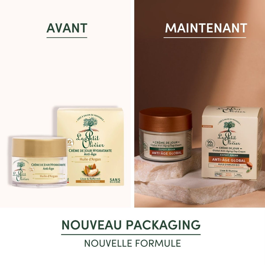 Image comparative présentant l'emballage « Avant » et « Maintenant » de la Crème de Jour Anti-Âge Hydratante Le Petit Olivier, désormais dotée d'un design plus sombre avec un bouchon cuivré, à base d'huile d'argan, d'acide hyaluronique et d'une nouvelle formule.