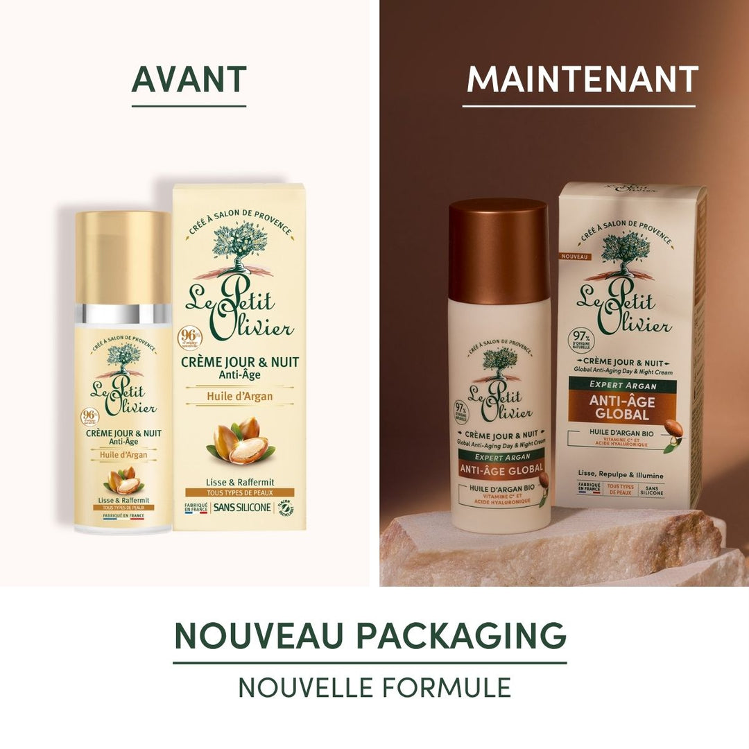 Crème hydratante jour et nuit anti-âge Le Petit Olivier : l'ancien emballage est plus clair ; le nouveau design présente un bouchon marron, une étiquette actualisée et met en avant l'acide hyaluronique pour une hydratation 24 h/24. Nouveau packaging, nouvelle formule.