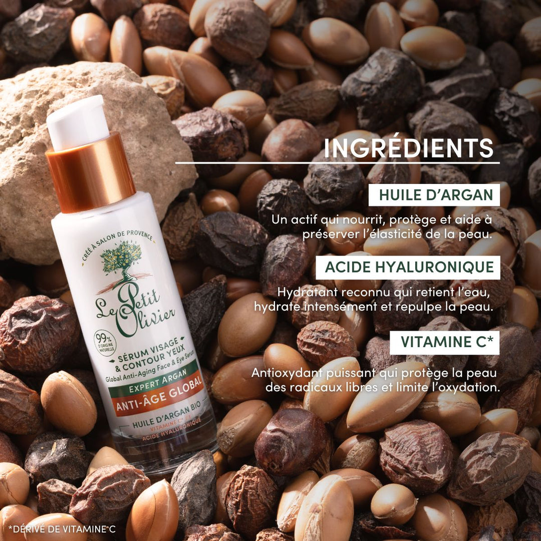 Le sérum anti-âge global pour le visage et les yeux « Le Petit Olivier » est à base de noix d’argan et met en avant ses ingrédients naturels : huile d’argan, acide hyaluronique et vitamine C, qui embellissent la peau.