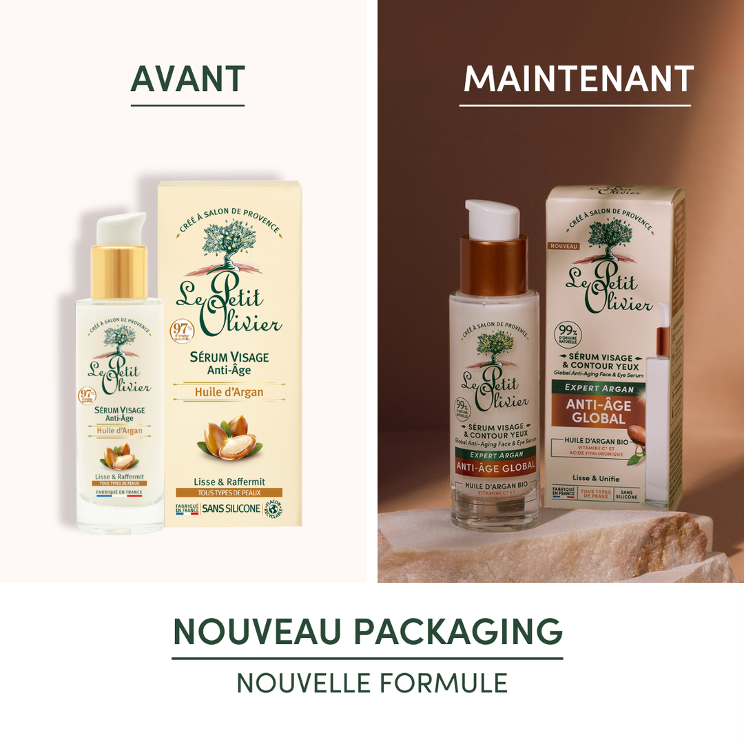 Comparaison côte à côte du Sérum Anti-Âge Global Visage et Yeux de Le Petit Olivier : la colonne « Avant » présente l'ancien flacon blanc et son emballage, tandis que la colonne « Maintenant » montre le nouveau packaging et le nouveau design, avec la mention « Nouveau Packaging » en dessous.