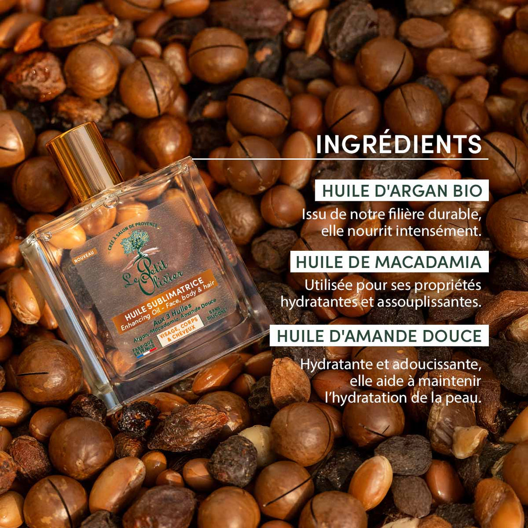 L'« Huile Sèche Sublimatrice » de Le Petit Olivier, destinée aux cheveux, au corps et au visage, est élaborée à base de noix de macadamia. Le texte en français met en avant ses précieuses huiles bio — argan, macadamia, amande douce — pour hydrater la peau et lui apporter un soin nourrissant.