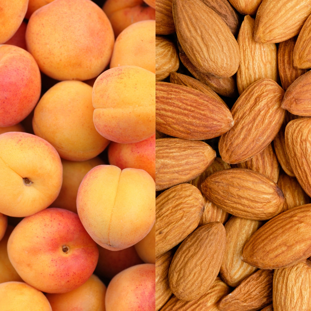 A split image: on the left, ripe apricots in orange and pink; on the right, unshelled almonds—ideal ingredients for Baume Lèvres Soin & Brillance, a nourishing lip balm with plant oils.