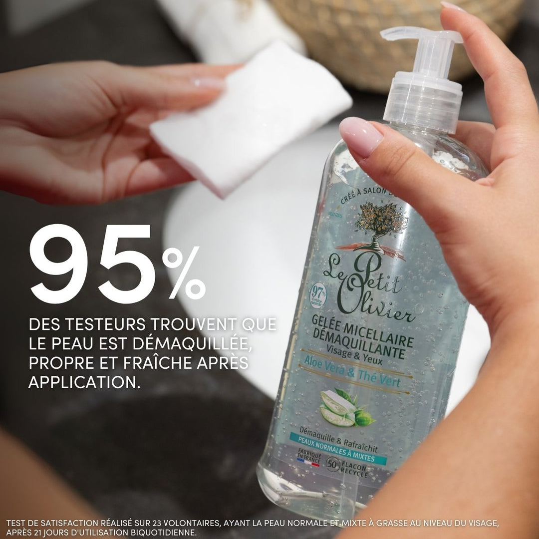 A hand dispenses Gelée Micellaire Démaquillante Visage & Yeux onto a cotton pad, with text stating 95% of testers found their skin clean, fresh, and makeup-free; satisfaction test results appear at the bottom.