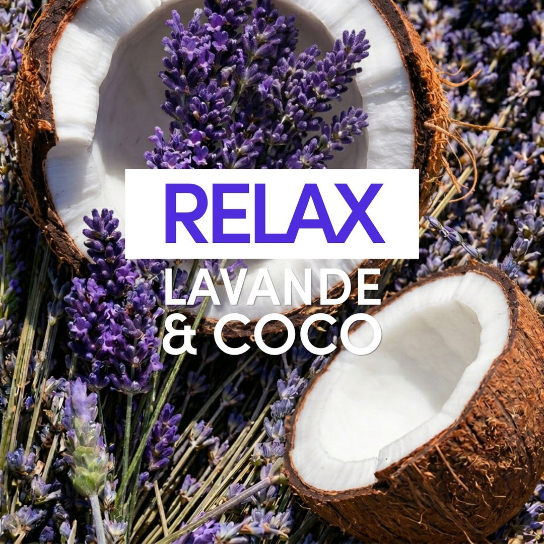 Des noix de coco ouvertes et des brins de lavande sont disposés ensemble, sur lesquels est superposé le texte « RELAX LAVANDE & COCO ». Cette scène apaisante évoque la nature et s'accorde à merveille avec la Brume Parfumée Relax pour le corps et les cheveux de Le Petit Olivier.