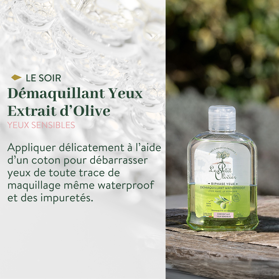 Un flacon de « Le Petit Olivier Rituel Soin Visage Complet Douceur » repose sur une surface en pierre à l'extérieur, entouré d'un feuillage flou. Une mention en français indique qu'il offre un soin tout en douceur pour les peaux normales à sèches et qu'il démaquille efficacement les yeux sensibles.