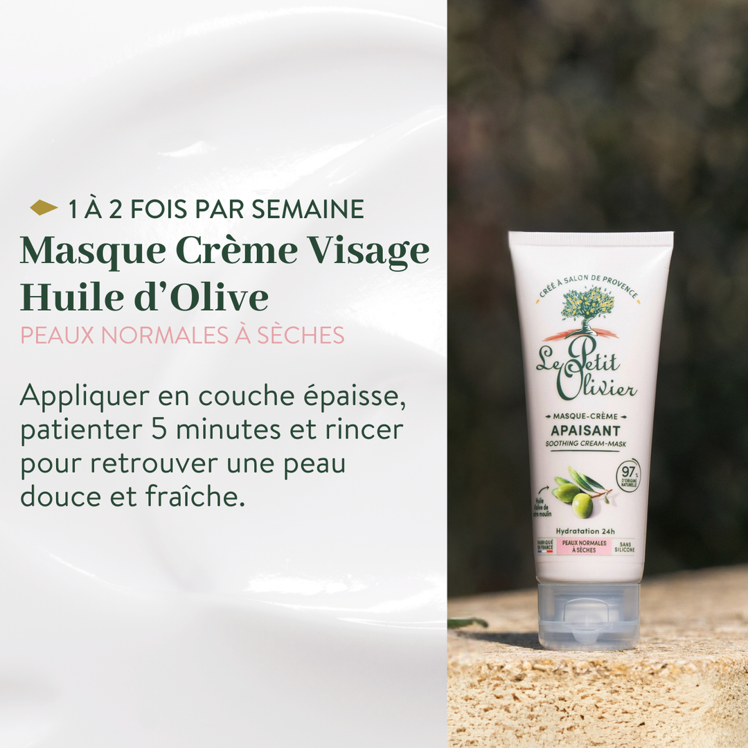 Un tube de « Le Petit Olivier Rituel Soin Visage Complet Douceur » est posé à la verticale sur une surface beige, avec un arrière-plan naturel flou. Idéal pour les peaux normales à sèches : appliquer, laisser agir 5 minutes, puis rincer.
