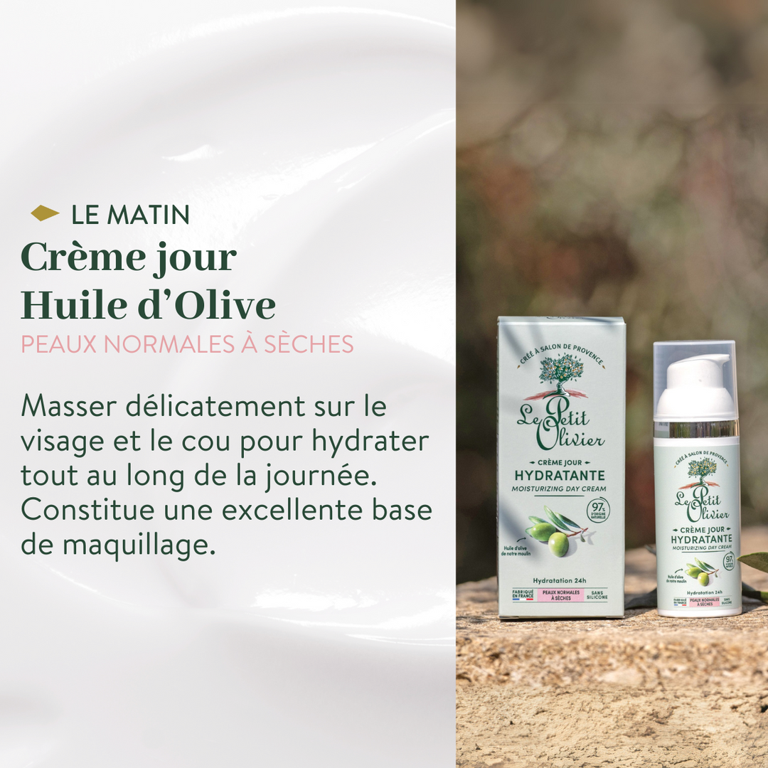 Présentation du produit « Rituel Soin Visage Complet Douceur » de Le Petit Olivier, comprenant un flacon et un coffret. Ce soin du visage, enrichi en huile d'olive, hydrate les peaux normales à sèches et constitue une excellente base de maquillage.