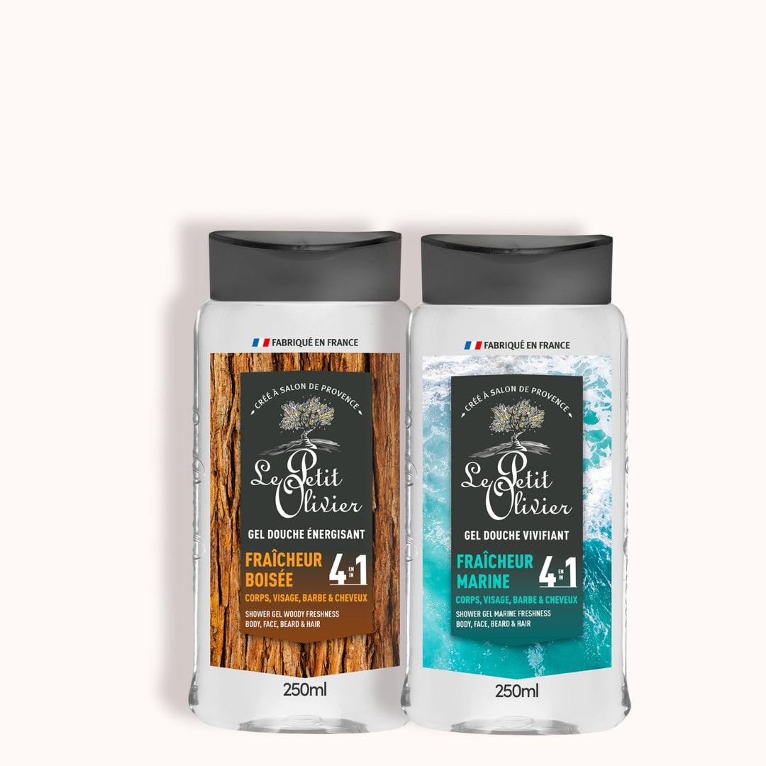 Le duo de gels douche pour homme 4 en 1 « Le Petit Olivier » comprend deux gels de 250 ml — l’un « Boisée » (étiquette « bois ») et l’autre « Marine » (étiquette « vague ») —, parfaits pour le corps, le visage, les cheveux et la barbe.