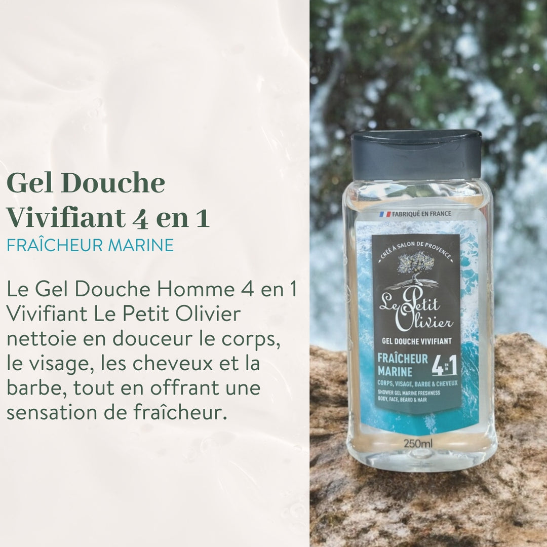 Un flacon de « Le Petit Olivier Duo Gel Douche Homme 4 en 1 » repose sur un rocher ; son étiquette vante les mérites d'un gel doux et rafraîchissant aux notes marines, destiné au corps, au visage, aux cheveux et à la barbe.