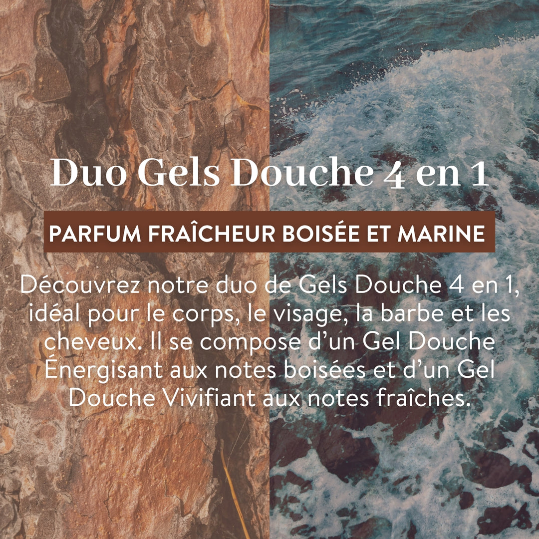 Image divisée verticalement : à gauche, un gros plan sur du bois brun et texturé ; à droite, des vagues de mer écumeuses. Le texte superposé présente le gel douche « Le Petit Olivier Duo Gel Douche Homme 4 en 1 », aux senteurs boisées et marines.