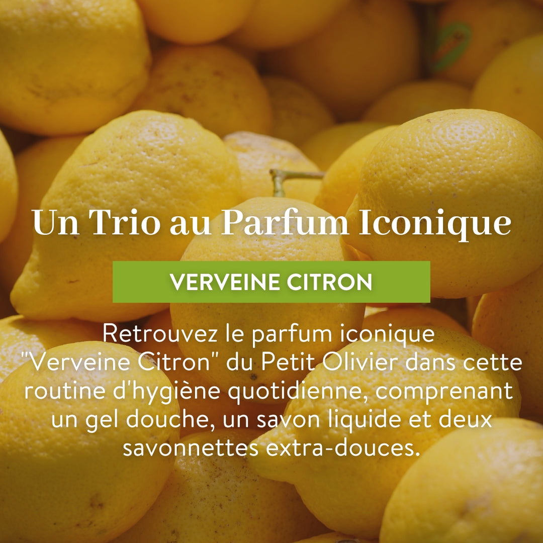 Close-up of fresh yellow lemons with French text promoting the Trio Vivifiant - Douche & Savon - Parfum Verveine-Citron hygiene set, featuring shower gel, liquid soap, and extra-mild Savon de Marseille from Petit Olivier, made in France.