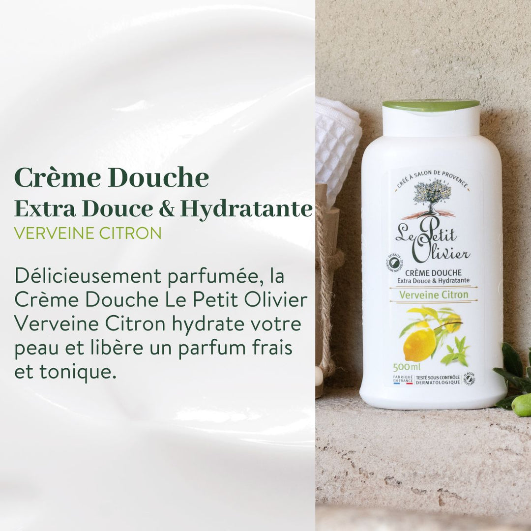Le Trio Vivifiant - Douche & Savon - Parfum Verveine-Citron de Le Petit Olivier repose sur du sable, accompagné de feuilles vertes et d'une serviette, mettant en avant un soin hydratant et rafraîchissant ainsi qu'un parfum vivifiant de verveine et de citron.
