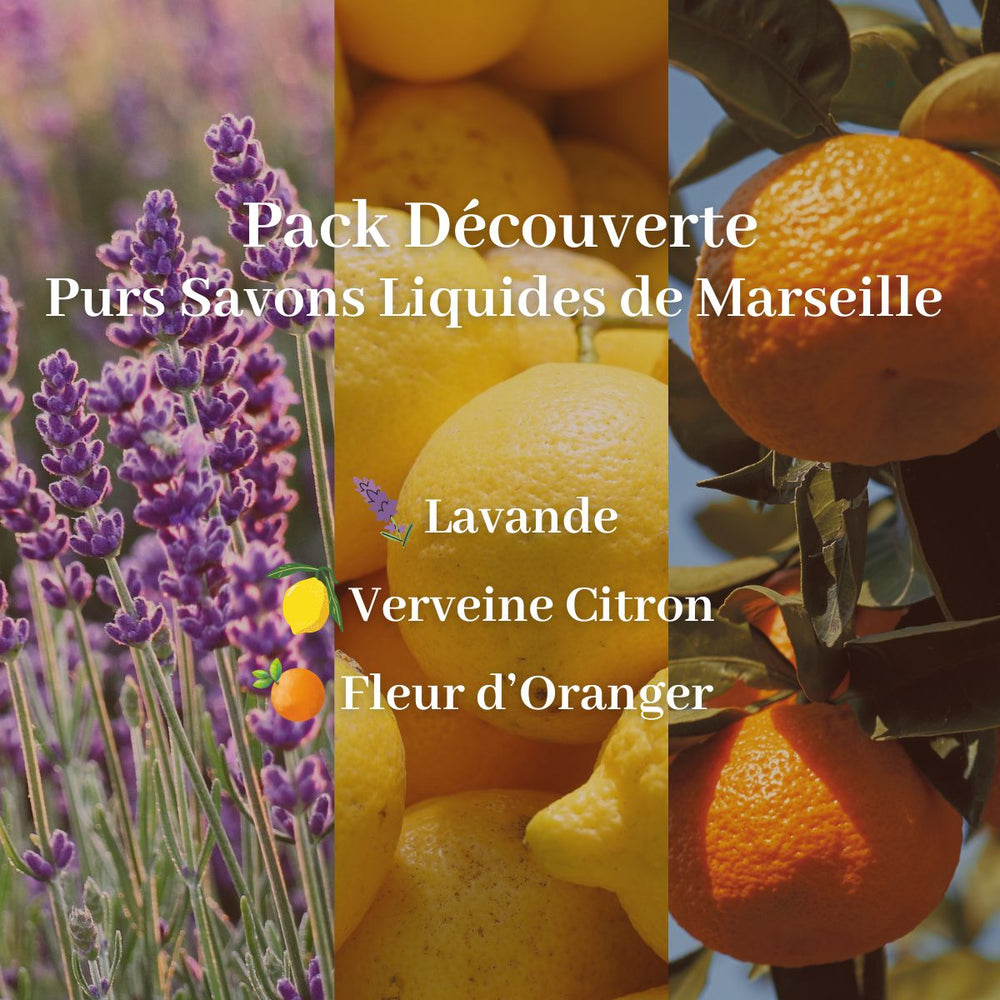 Image promotionnelle du Pack Découverte de Le Petit Olivier – « Purs Savons Liquides de Marseille », avec des photos de lavande, de citrons et d’oranges. Le texte énumère les parfums : Lavande, Verveine Citron, Fleur d’Oranger — élaborés selon la fabrication traditionnelle.