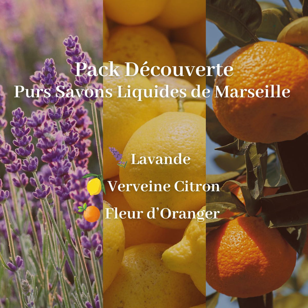 Image promotionnelle du Pack Découverte de Le Petit Olivier – « Purs Savons Liquides de Marseille », avec des photos de lavande, de citrons et d’oranges. Le texte énumère les parfums : Lavande, Verveine Citron, Fleur d’Oranger — élaborés selon la fabrication traditionnelle.