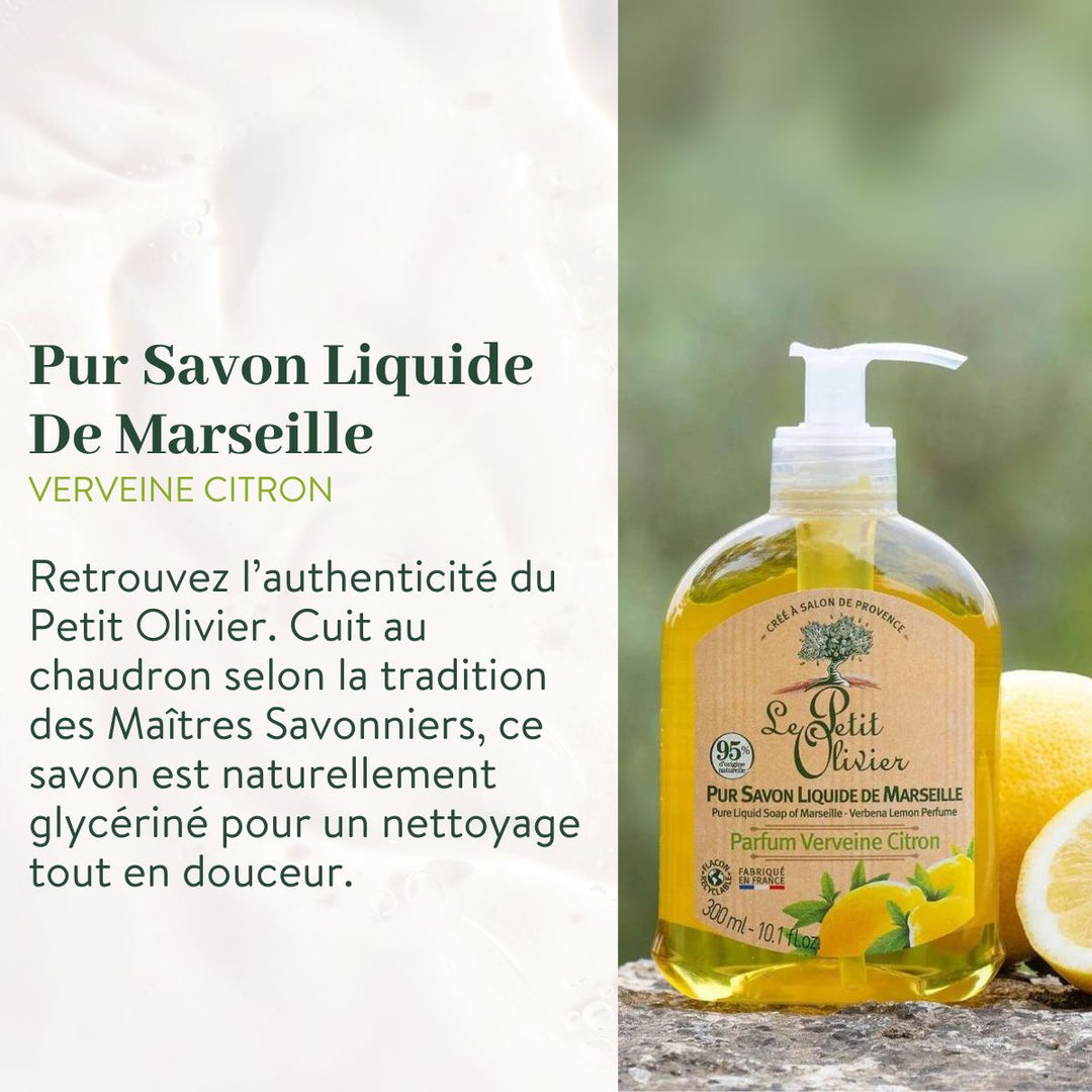 Un « Pack Découverte » de la marque « Le Petit Olivier Purs Savons Liquides de Marseille » est posé sur un rocher, à côté de citrons frais et de feuilles, sur un fond jaune pâle, accompagné d'un texte descriptif.