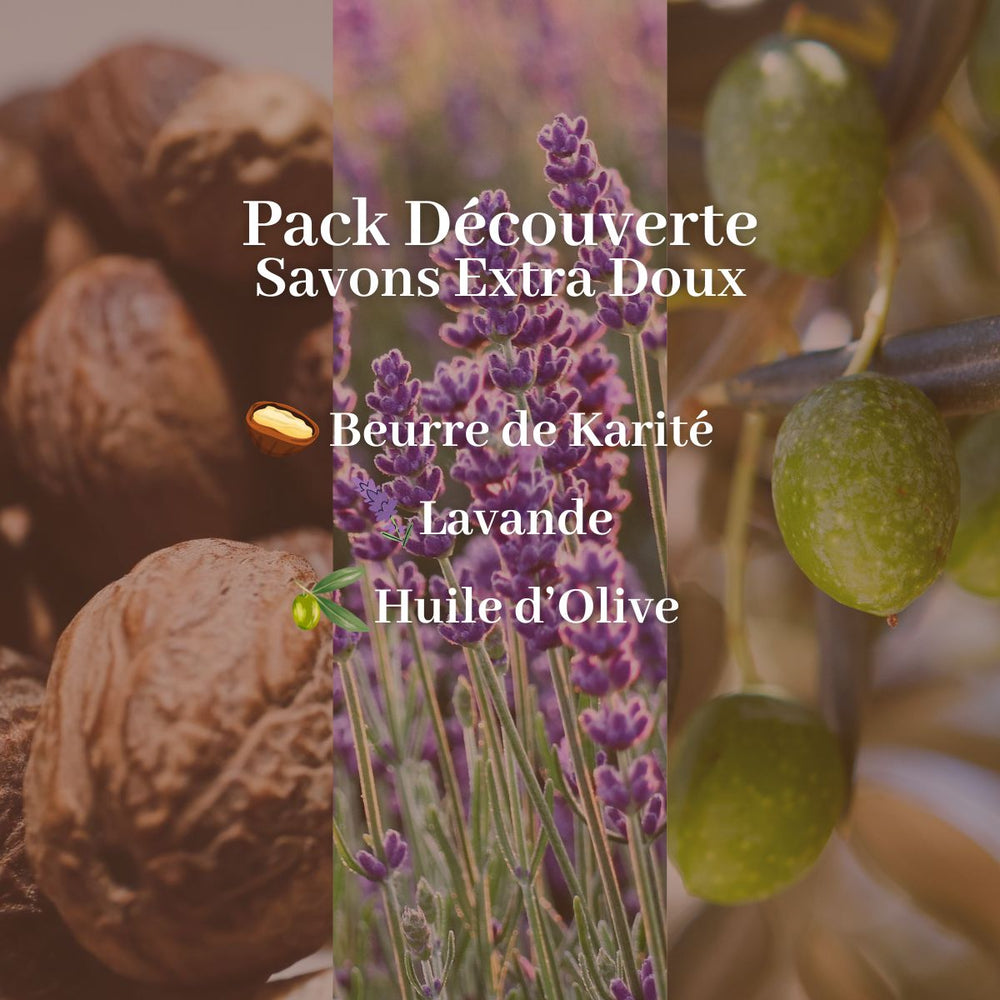 Image promotionnelle française du « Pack Découverte - Savons Extra Doux » de Le Petit Olivier, représentant des noix de karité, de la lavande et des olives. Texte : « Pack Découverte - Savons Extra Doux Le Petit Olivier : Karité, Lavande, Olive, fabriqué en France. ».