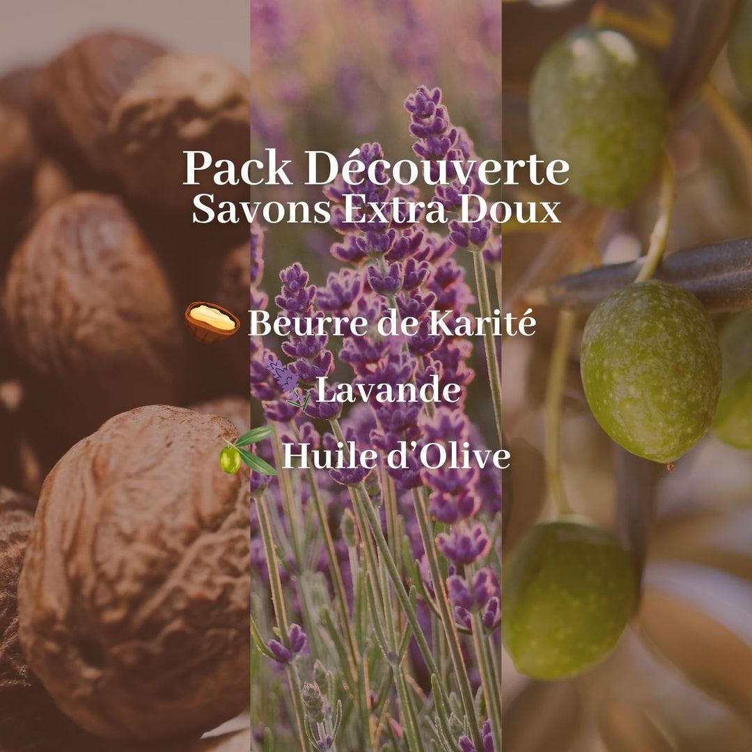 Image promotionnelle française du « Pack Découverte - Savons Extra Doux » de Le Petit Olivier, représentant des noix de karité, de la lavande et des olives. Texte : « Pack Découverte - Savons Extra Doux Le Petit Olivier : Karité, Lavande, Olive, fabriqué en France. ».