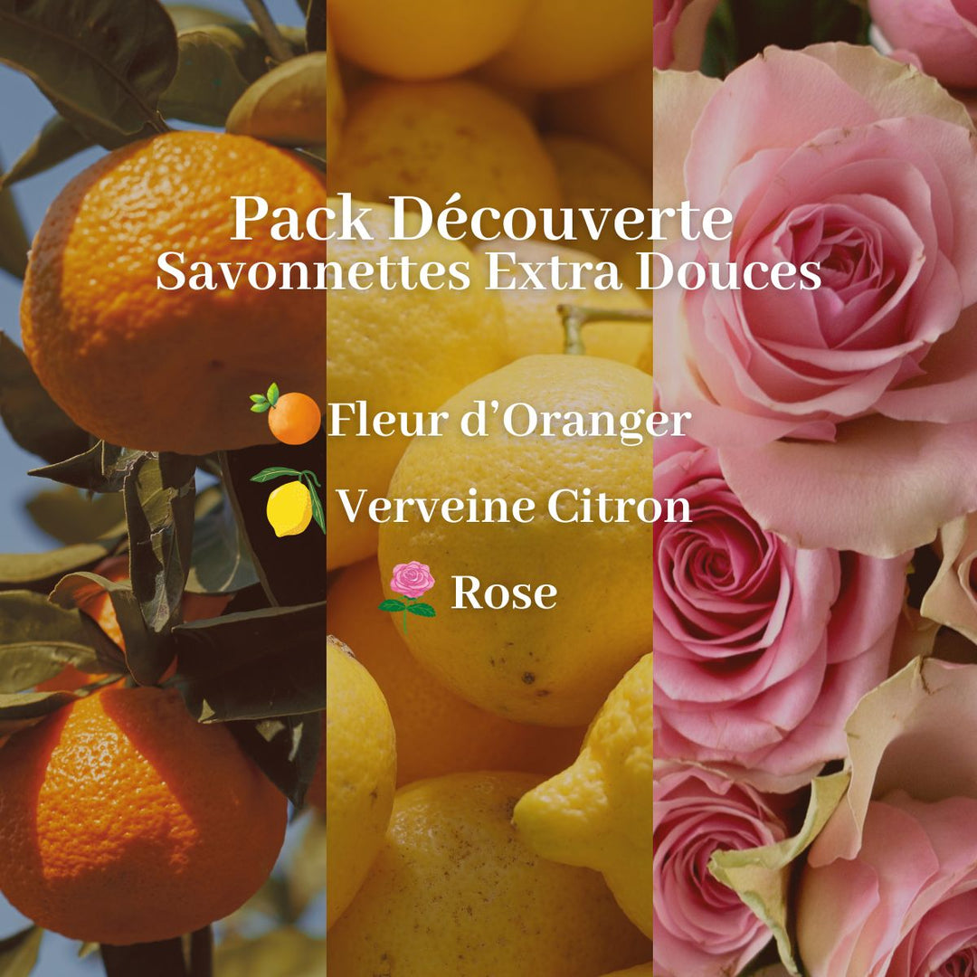 Une image promotionnelle du Pack Découverte « Savonnettes Extra Douces » de Le Petit Olivier, fabriqué en France, représentant des oranges, des citrons et des roses roses. Le texte indique les parfums : Fleur d’Oranger, Verveine Citron et Rose.