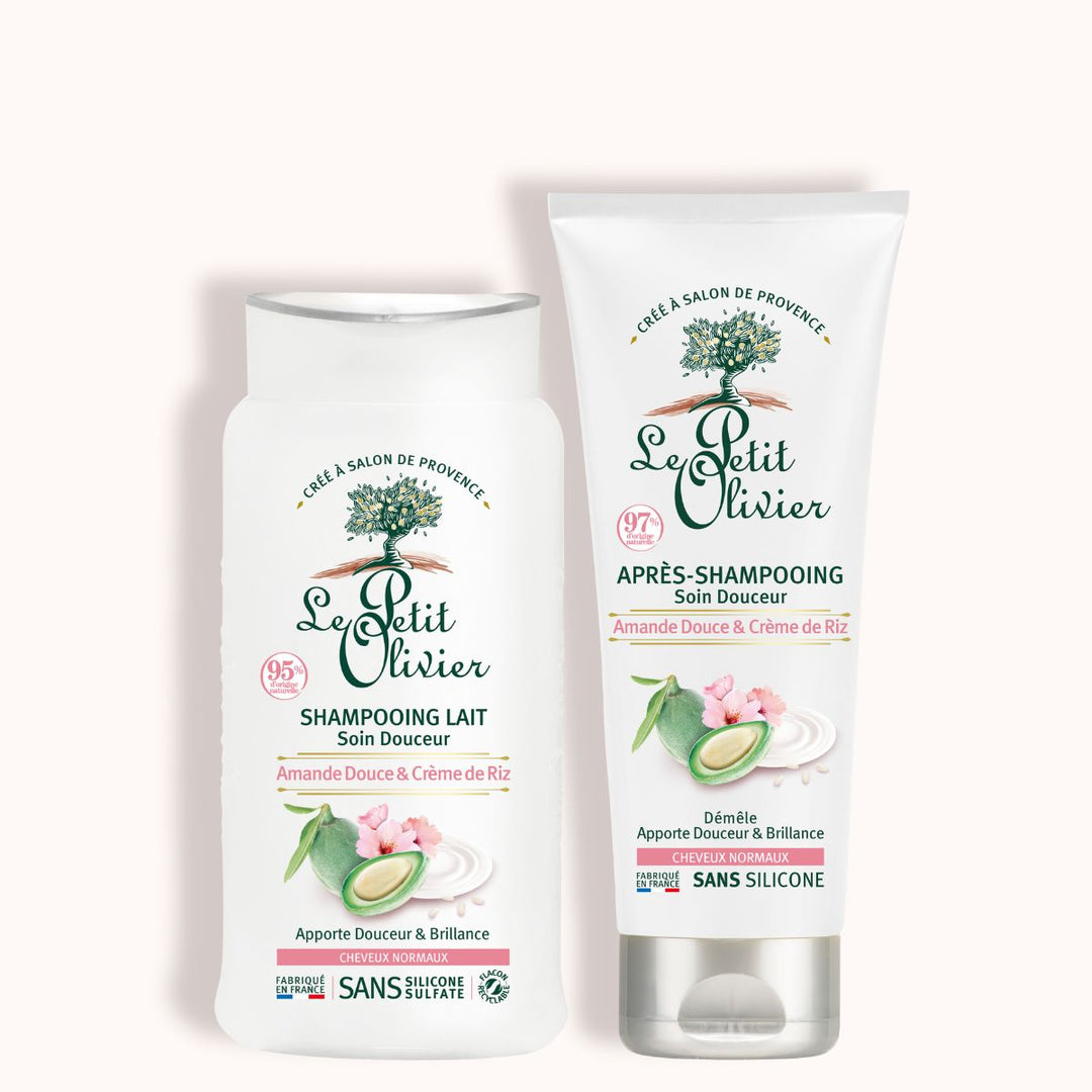 Le Petit Olivier Duo Shampooing et Après-shampooing pour cheveux normaux : formule à la crème d'amande et de riz, texte en vert, illustrations d'amandes et de riz sur des flacons fabriqués en France.
