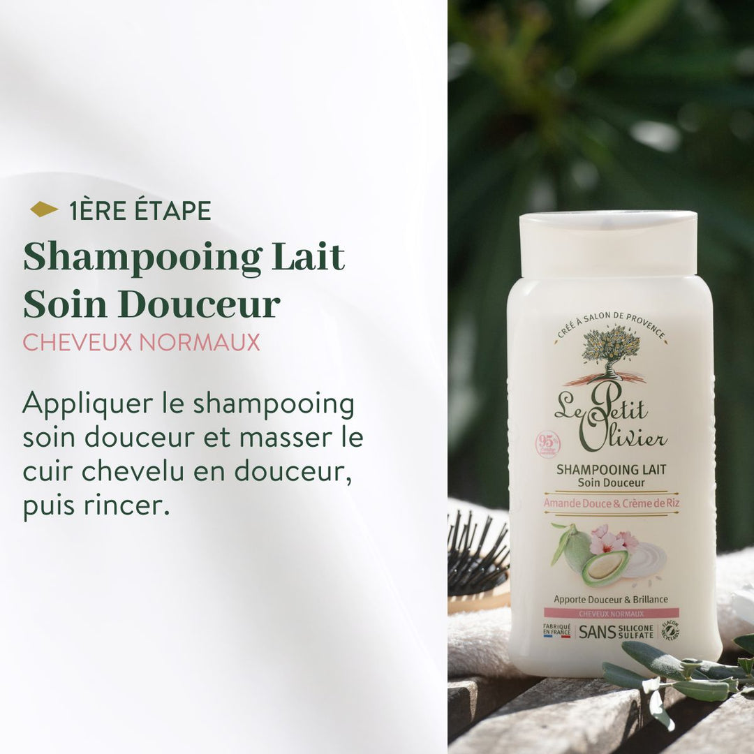 Le duo shampoing et après-shampoing « Cheveux Normaux » de Le Petit Olivier, fabriqué en France, est posé sur un socle en bois avec des feuilles vertes en arrière-plan ; un texte en français précise qu'il est destiné aux cheveux normaux et donne des conseils pour un soin tout en douceur.