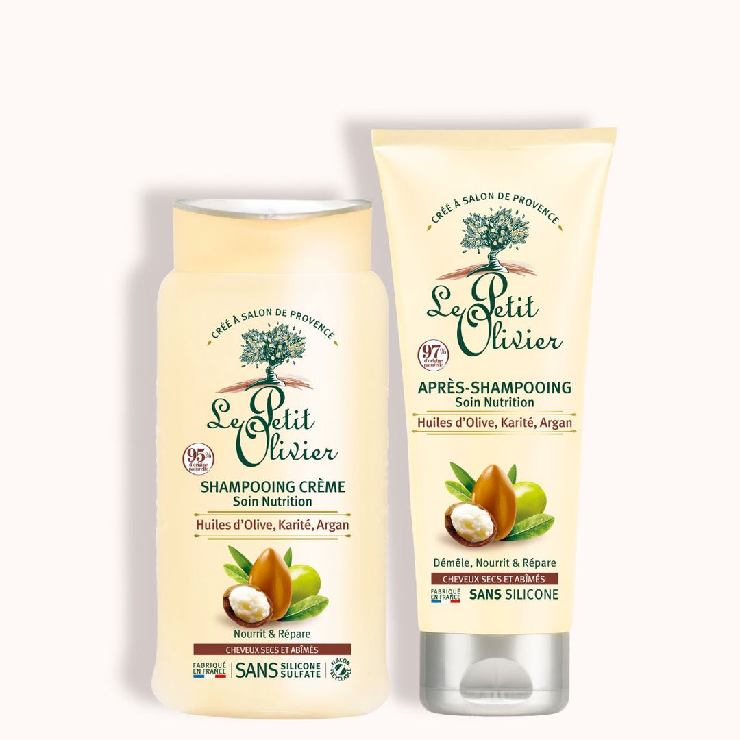 Le Petit Olivier Duo Shampooing et Après-shampooing - Cheveux secs et abîmés, enrichi en huiles d’olive, de karité et d’argan. Emballage beige rehaussé de touches de vert et de marron.
