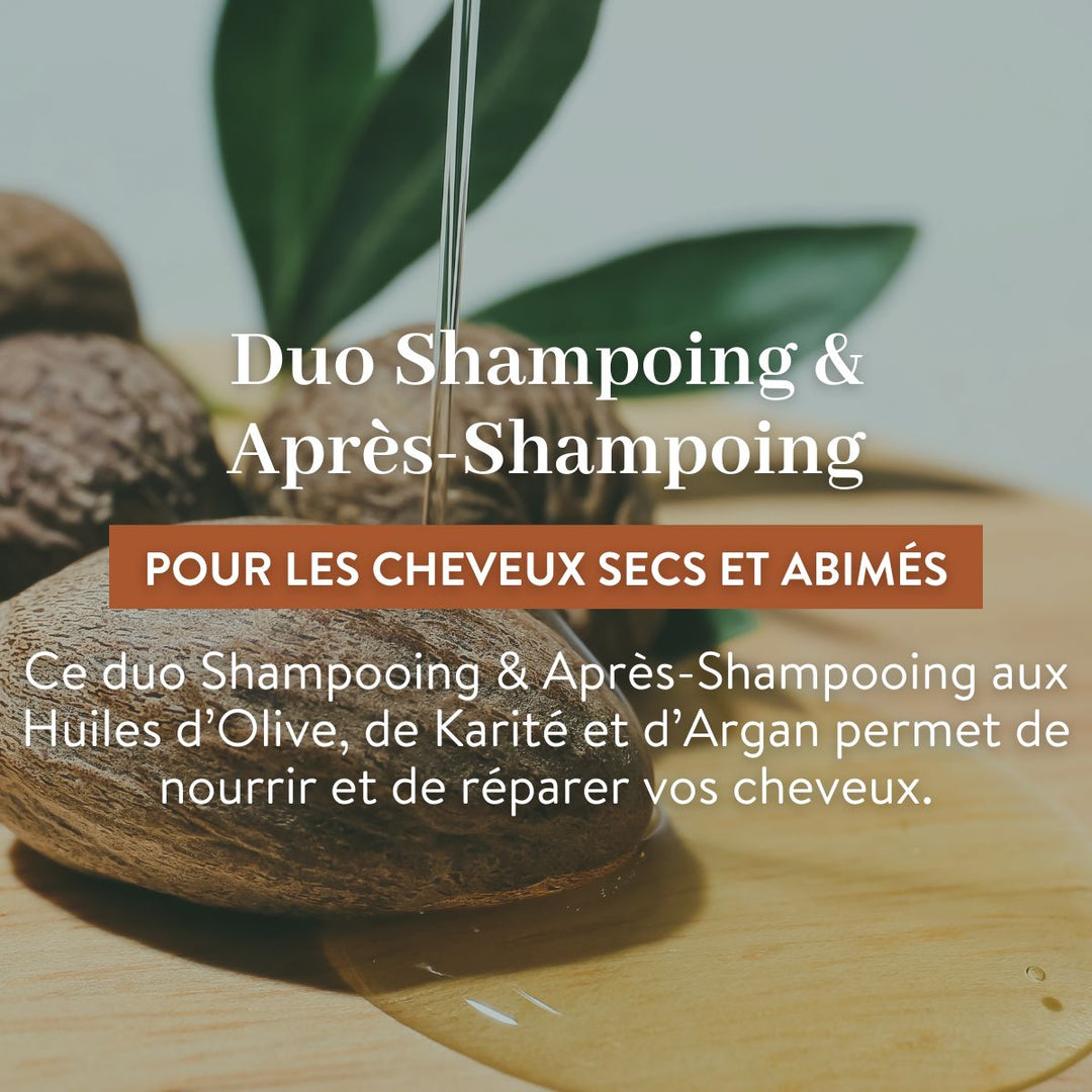 Gros plan sur de l'huile coulant sur une noix de karité, accompagné d'un texte mettant en avant le « Le Petit Olivier Duo Shampoing et Après-Shampoing pour cheveux secs et abîmés », enrichi en huiles d'olive, de karité et d'argan.