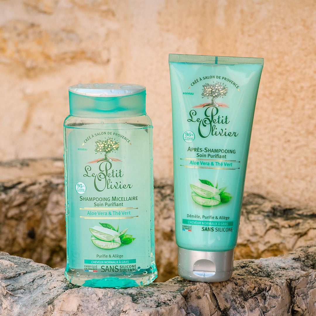 Le duo « Le Petit Olivier » (shampoing et après-shampoing pour cheveux gras), composé d'un flacon de shampoing transparent et d'un tube d'après-shampoing vert, est présenté sur une surface en pierre naturelle. Ce duo est adapté aux cheveux gras et contient de l'aloe vera et du thé vert.
