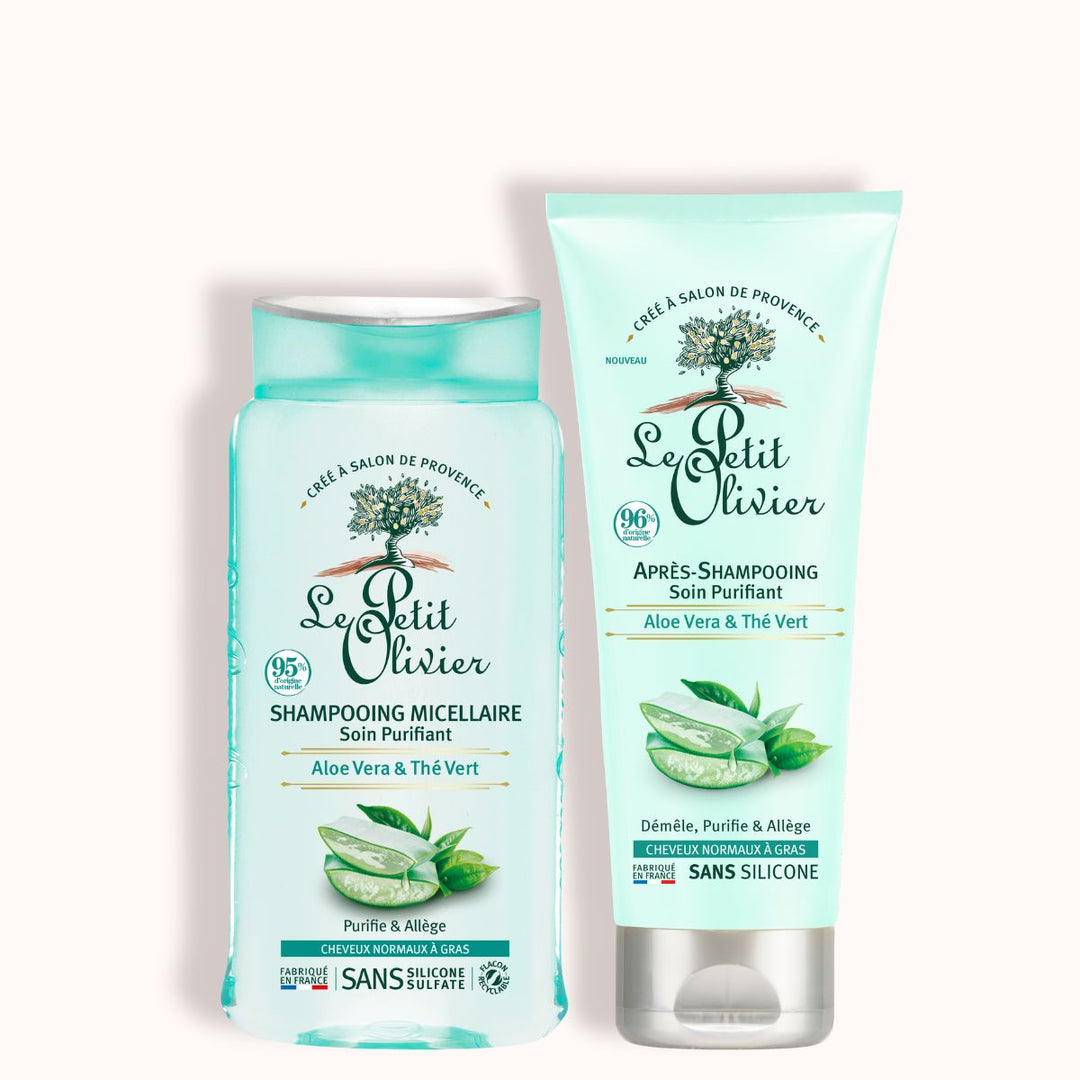 Le Petit Olivier Duo Shampooing et Après-shampooing - Cheveux gras : deux flacons dans un emballage vert clair, à base d'aloe vera et de thé vert, portant les mentions « sans silicone » et « sans sulfate », et ornés de motifs de feuilles et d'un texte en français.