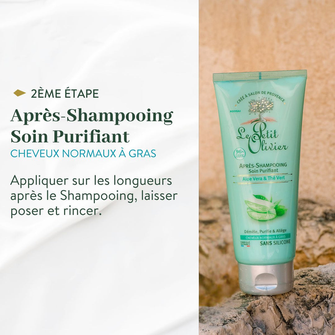 Un tube vert de « Le Petit Olivier Duo Shampoing et Après-Shampoing - Cheveux Gras » repose sur une pierre. Le texte en français indique : « Appliquer sur les longueurs après le shampoing, laisser agir, puis rincer ; convient aux cheveux gras. ».