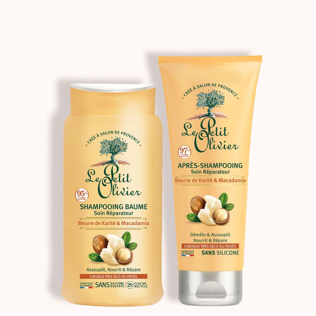 Le Duo Shampooing et Après-shampooing pour cheveux très secs ou frisés de Le Petit Olivier présente une teinte jaune et beige ; il est sans sulfate ni silicone et enrichi en beurre de karité et en huile de macadamia — idéal pour nourrir et réparer les cheveux très secs ou frisés.