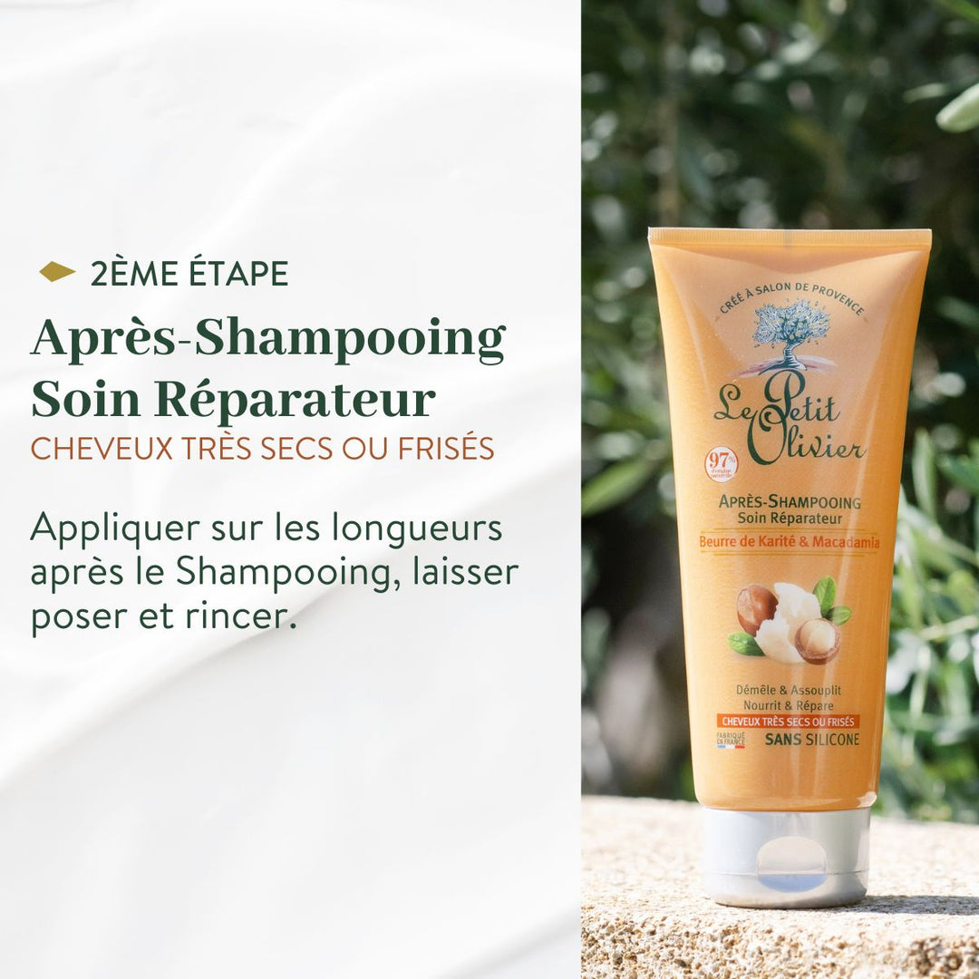 Le produit « Le Petit Olivier Duo Shampooing et Après-shampooing - Cheveux très secs ou frisés » est présenté debout à côté de feuilles vertes, avec une mention en français indiquant qu'il s'agit de l'étape n° 2 après le shampooing, sans sulfate, enrichi en beurre de karité et en huile de macadamia.
