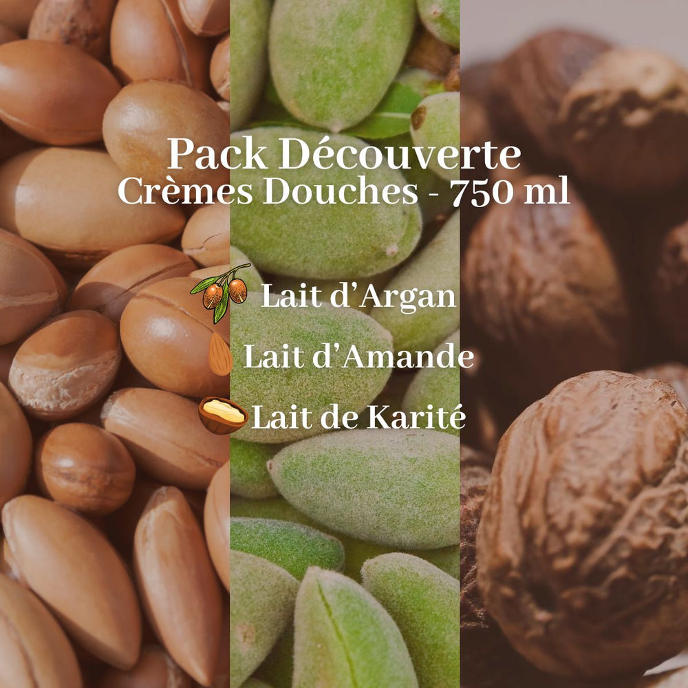 Image en superposition représentant des noix d’argan, d’amande et de karité, accompagnée du texte : « Le Petit Olivier Pack Découverte - Crèmes Douches 750 ml : Lait d’Argan, Lait d’Amande & Lait de Karité », fabriqué en France. Icônes : convient aux peaux sensibles.