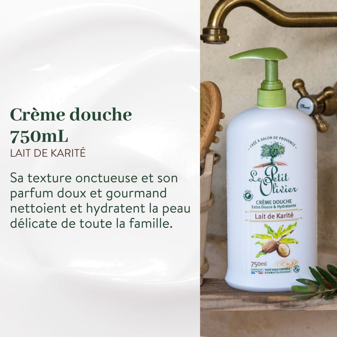 Un flacon de « Le Petit Olivier Pack Découverte - Crèmes Douches » de 750 ml trône sur le lavabo de la salle de bains, mettant en avant sa formule douce et hydratante adaptée aux peaux sensibles et à toute la famille. Fabriqué en France.