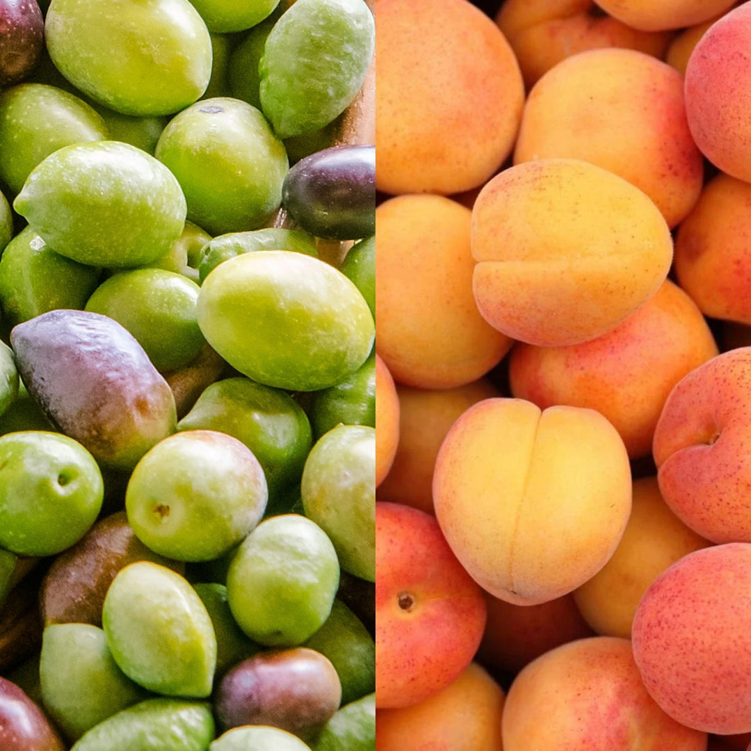 Une image divisée met en scène, à gauche, des olives vertes et violettes, faisant écho au « Coffret - Parenthèse Douceur » de Le Petit Olivier, et, à droite, des abricots d'un jaune orangé éclatant ; ces deux fruits occupent tout le cadre, évoquant des ingrédients naturels utilisés dans les soins de la peau.